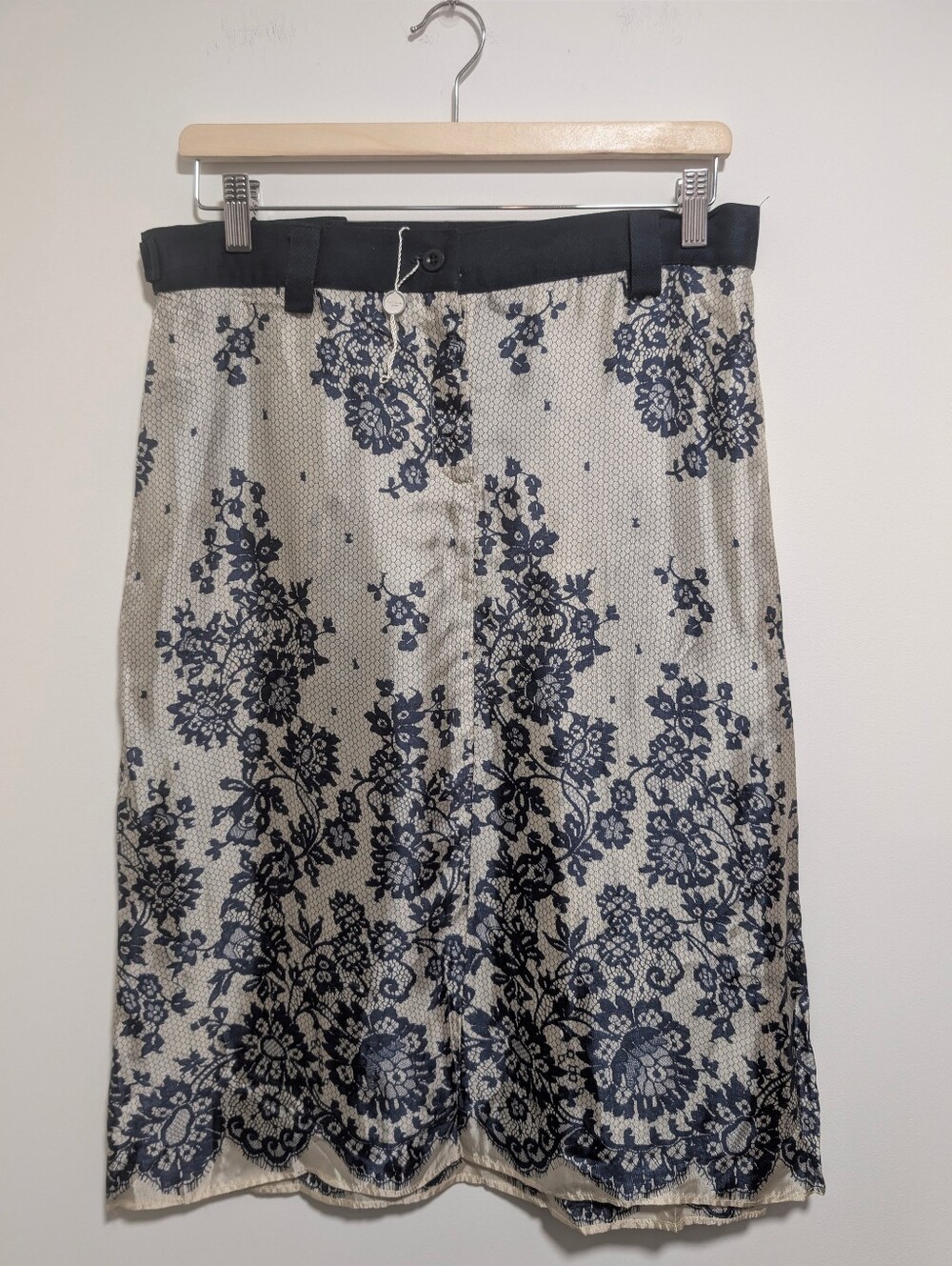 Paul Smith | Vintage Lace Print Silk-Feel Midi Skirt In Navy Cream